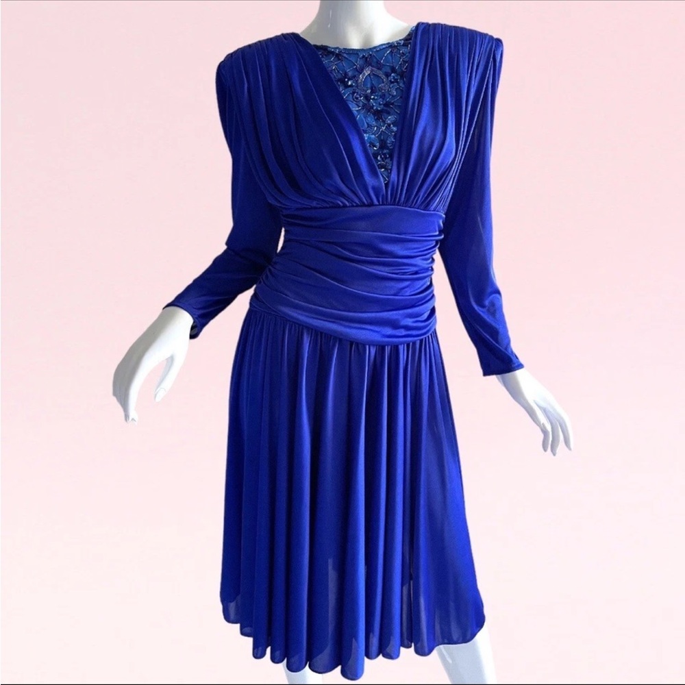 Elegant 80’s vintage Royal Blue Long-Sleeve V-Neck Dress